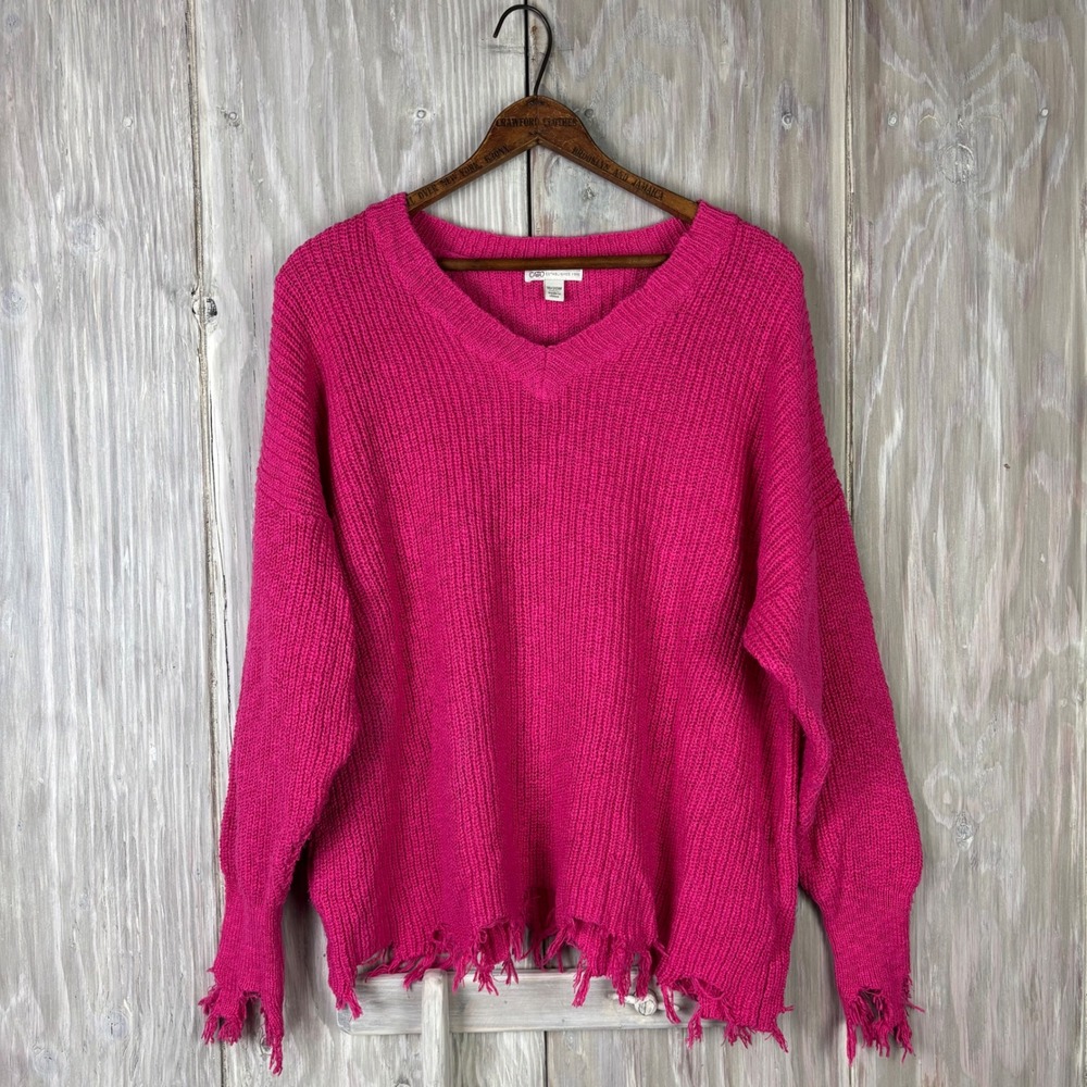 Cato V Neck Distressed Frayed Hem Sweater Hot Pink Plus Size 18 20W
